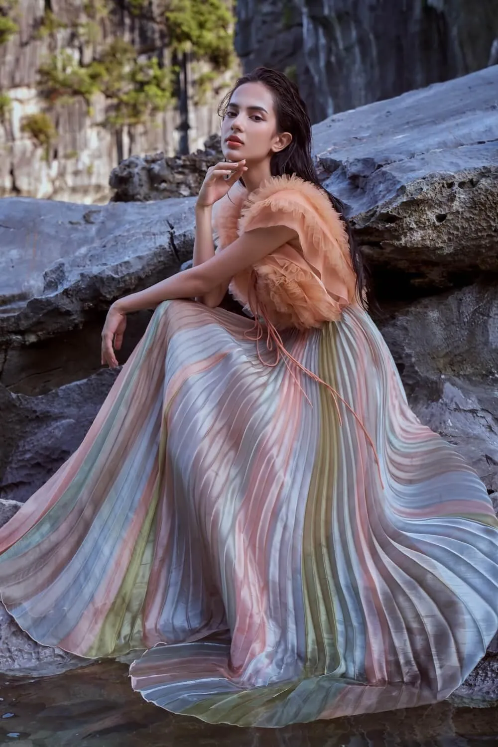 Silvestre Pleated V-Neck Organza Maxi Dress