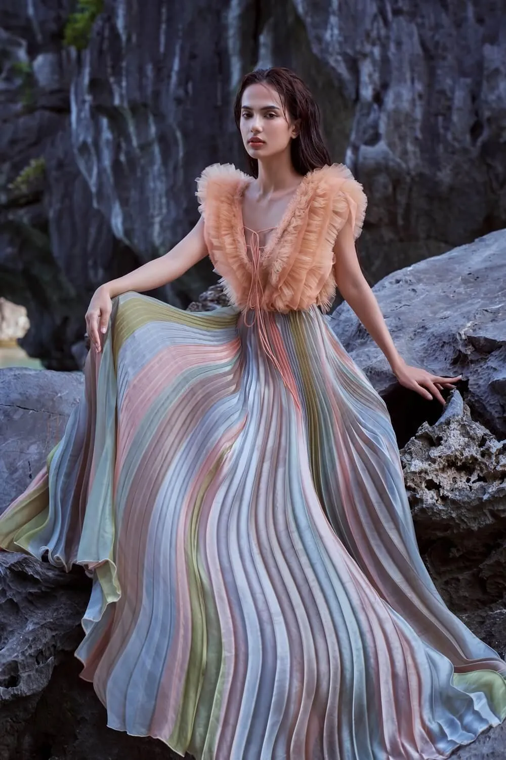 Silvestre Pleated V-Neck Organza Maxi Dress