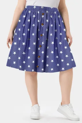 Stars Print Elastic Waist Pleated Button Mini Skirt