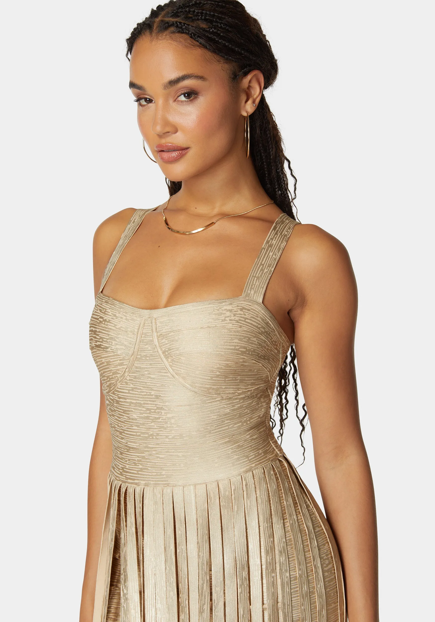 Sweetheart Bandage Top With Fringe Maxi Skirt Dress