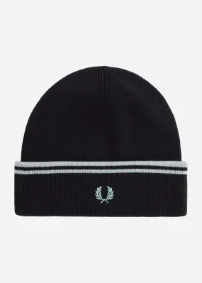 Twin tipped merino wool beanie - navy silver blue silver blue