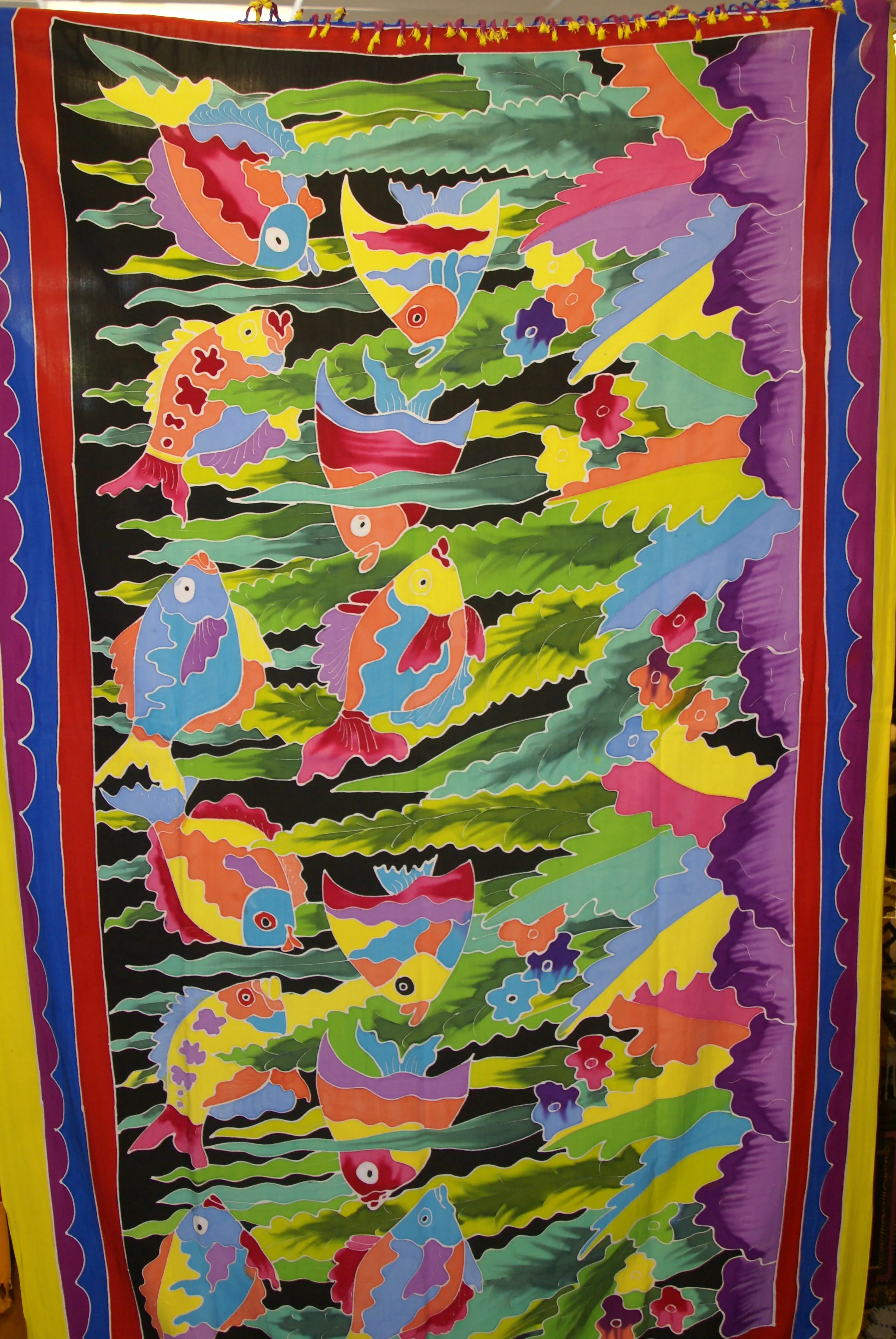 UNIQUE HIGH QUALITY HAND PAINTED TEXTILE FABRIC SARONG, SIGNED BY THE ARTIST. VIBRANT COLORS & VERY DETAILED MOTIFS OF FISH & AQUATIC PLANTS, 70” x 48” (no 25A)
