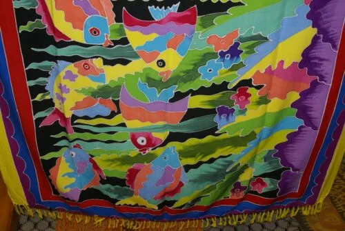 UNIQUE HIGH QUALITY HAND PAINTED TEXTILE FABRIC SARONG, SIGNED BY THE ARTIST. VIBRANT COLORS & VERY DETAILED MOTIFS OF FISH & AQUATIC PLANTS, 70” x 48” (no 25A)