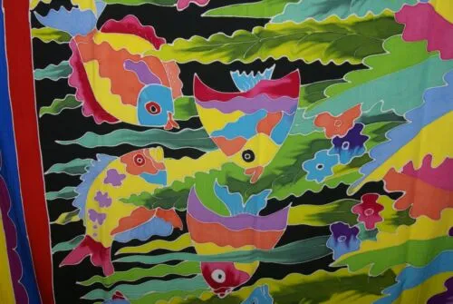 UNIQUE HIGH QUALITY HAND PAINTED TEXTILE FABRIC SARONG, SIGNED BY THE ARTIST. VIBRANT COLORS & VERY DETAILED MOTIFS OF FISH & AQUATIC PLANTS, 70” x 48” (no 25A)