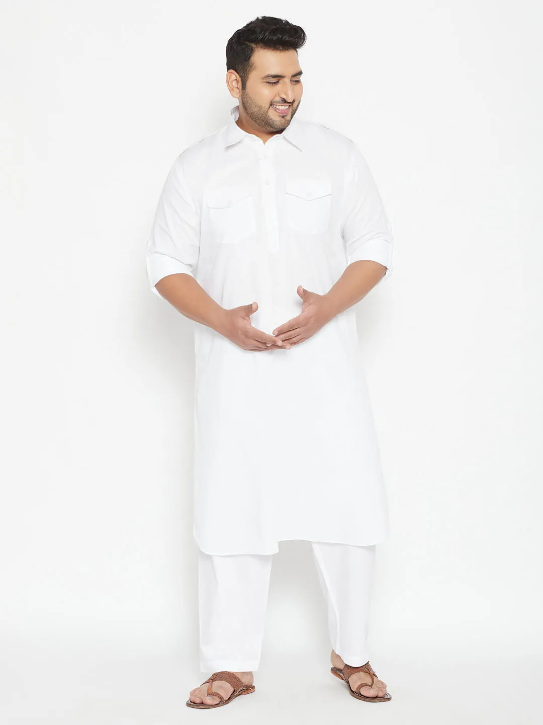 Vastramay Men's White Cotton Pathani Set
