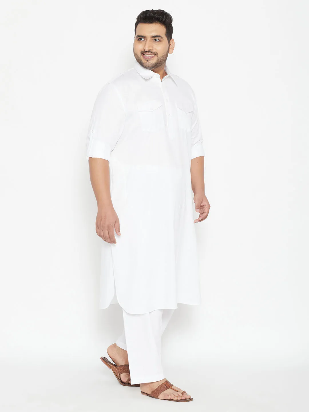 Vastramay Men's White Cotton Pathani Set
