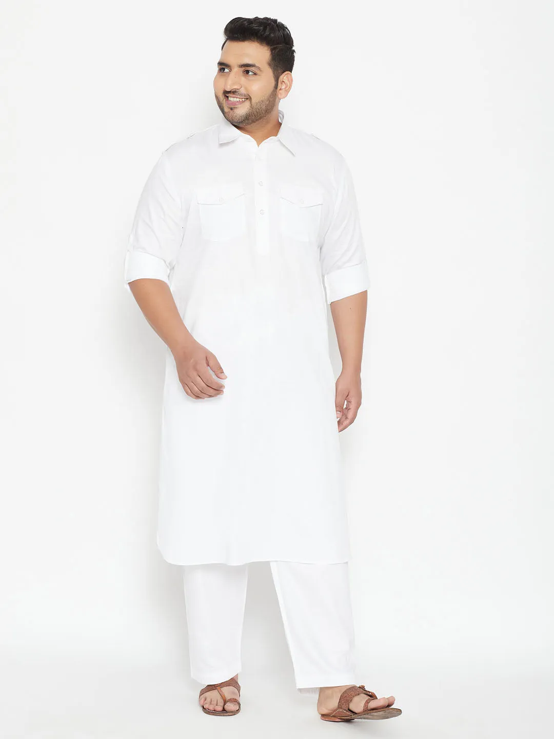 Vastramay Men's White Cotton Pathani Set