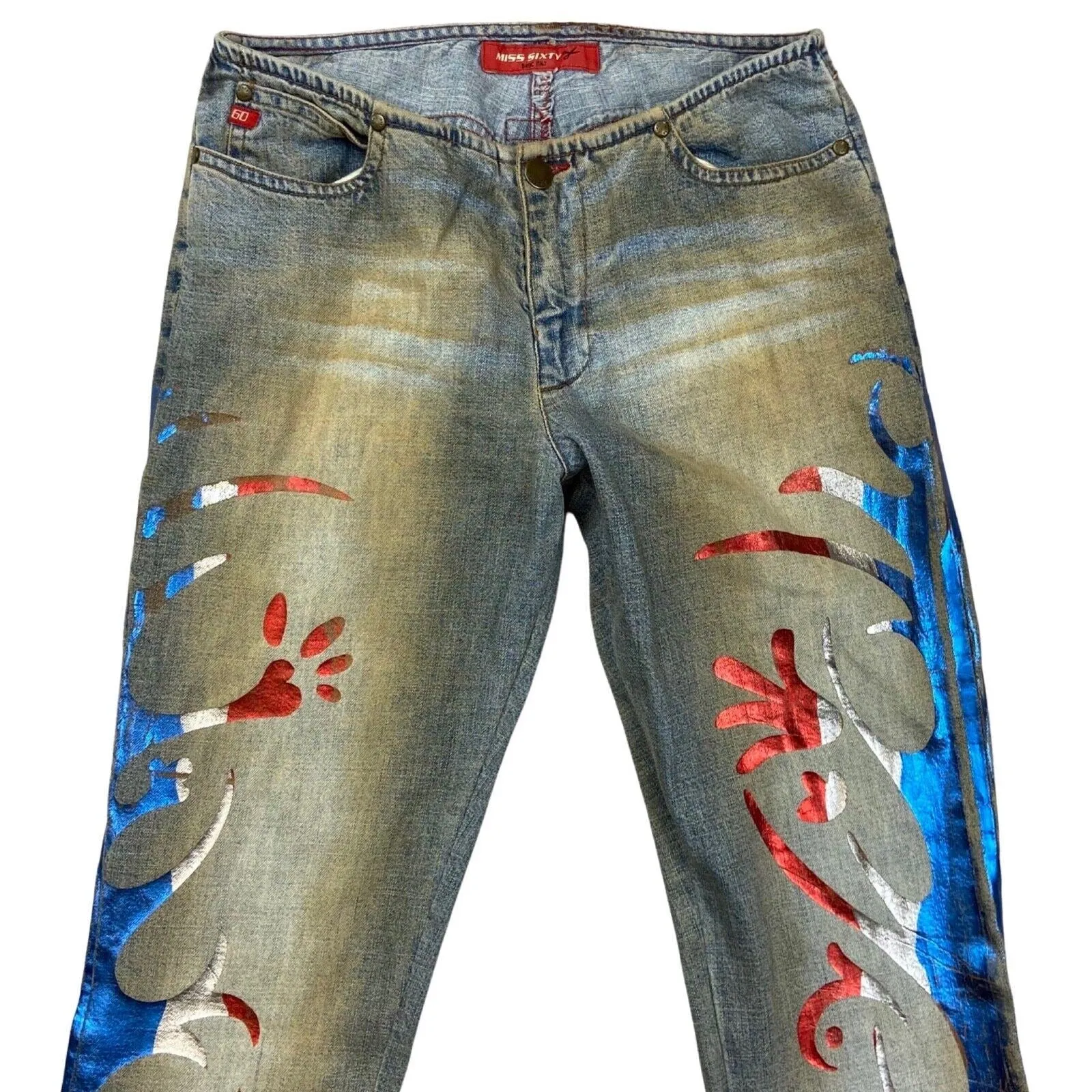 Vintage 90s 00s Y2K Blue Red Miss Sixty Denim Flares Low-Rise Jeans 26" 8