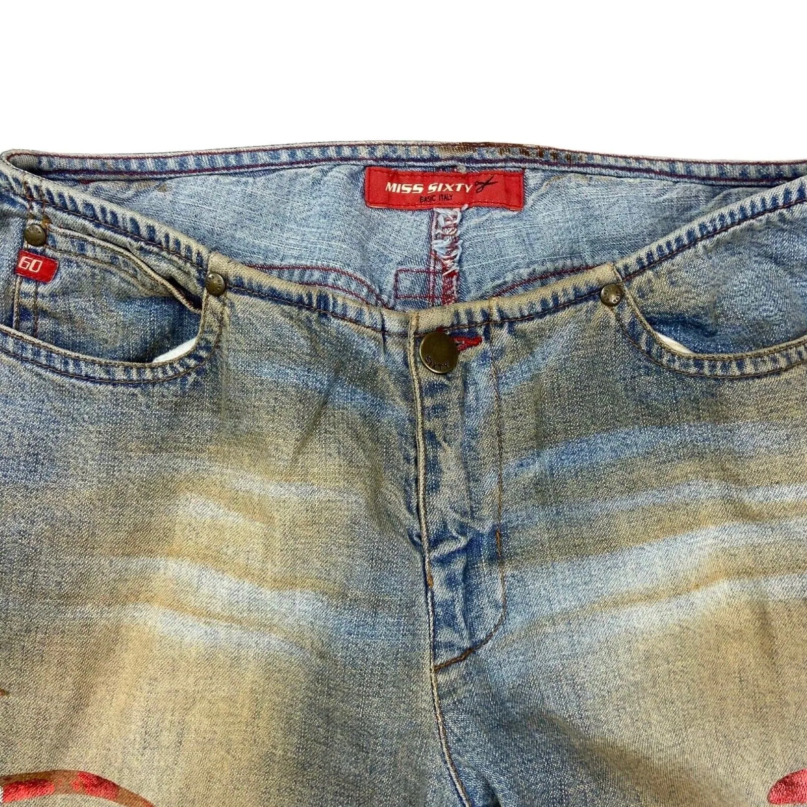 Vintage 90s 00s Y2K Blue Red Miss Sixty Denim Flares Low-Rise Jeans 26" 8