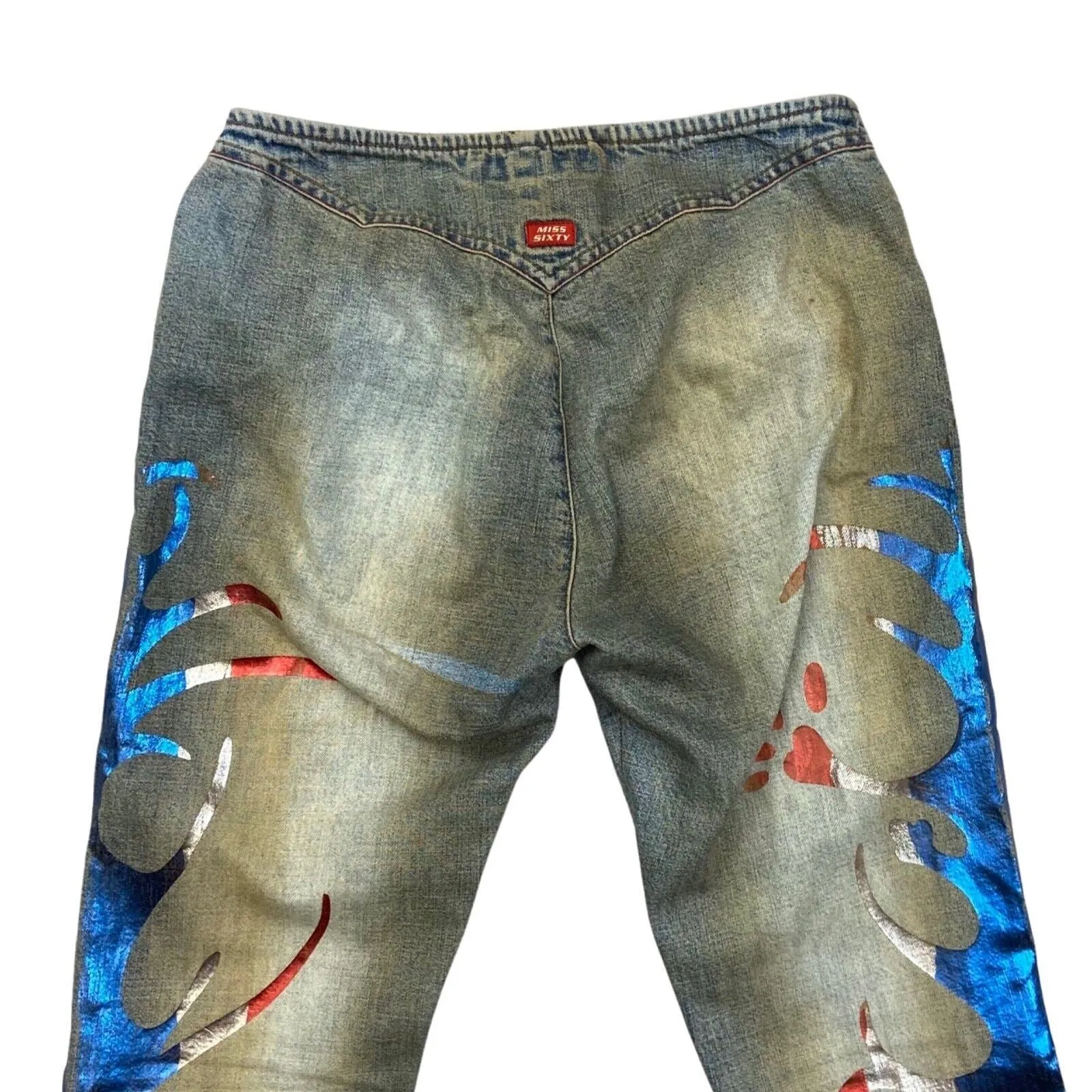 Vintage 90s 00s Y2K Blue Red Miss Sixty Denim Flares Low-Rise Jeans 26" 8
