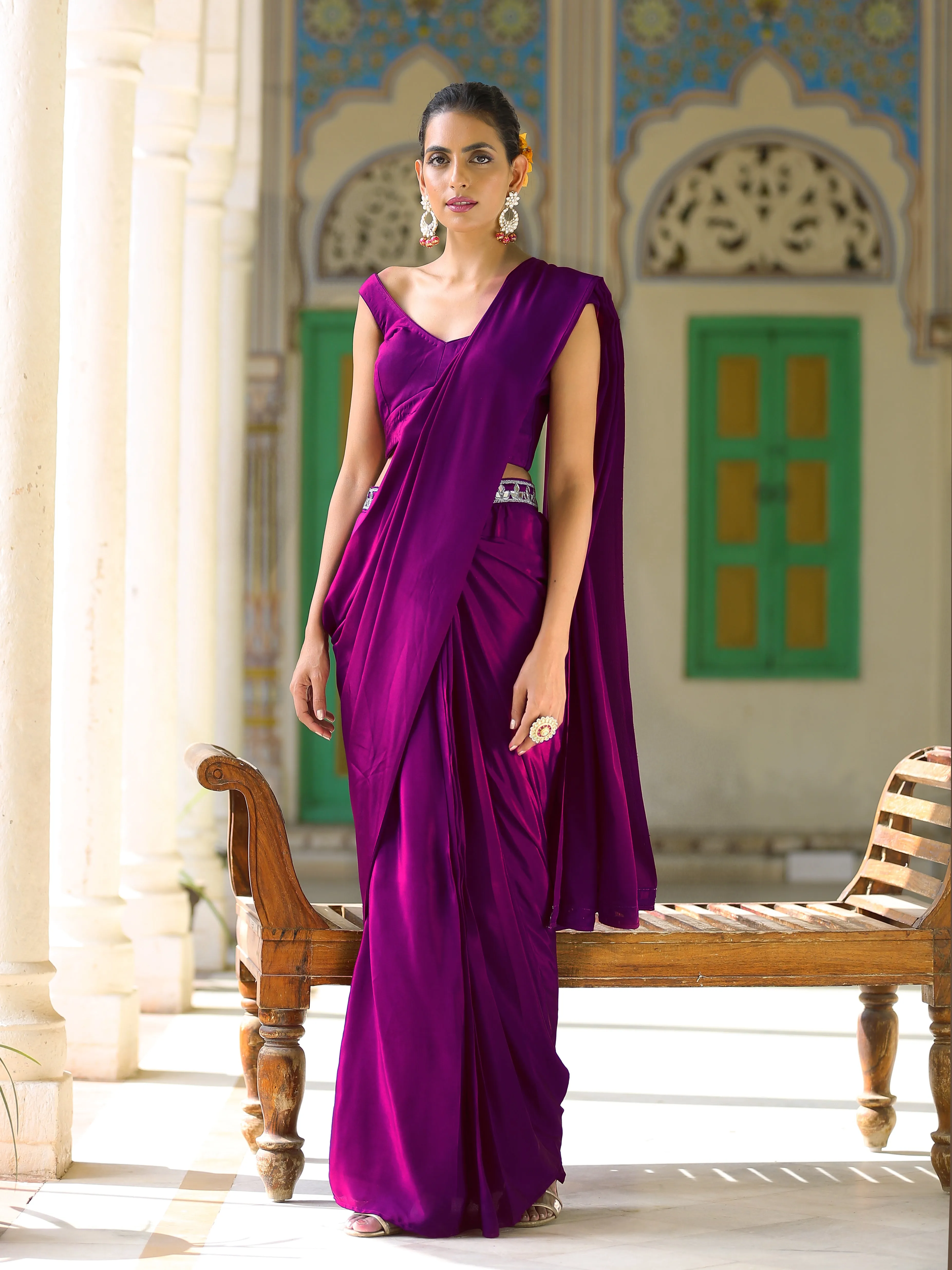 Wisteria Purple Pre-Draped Saree with Pocket