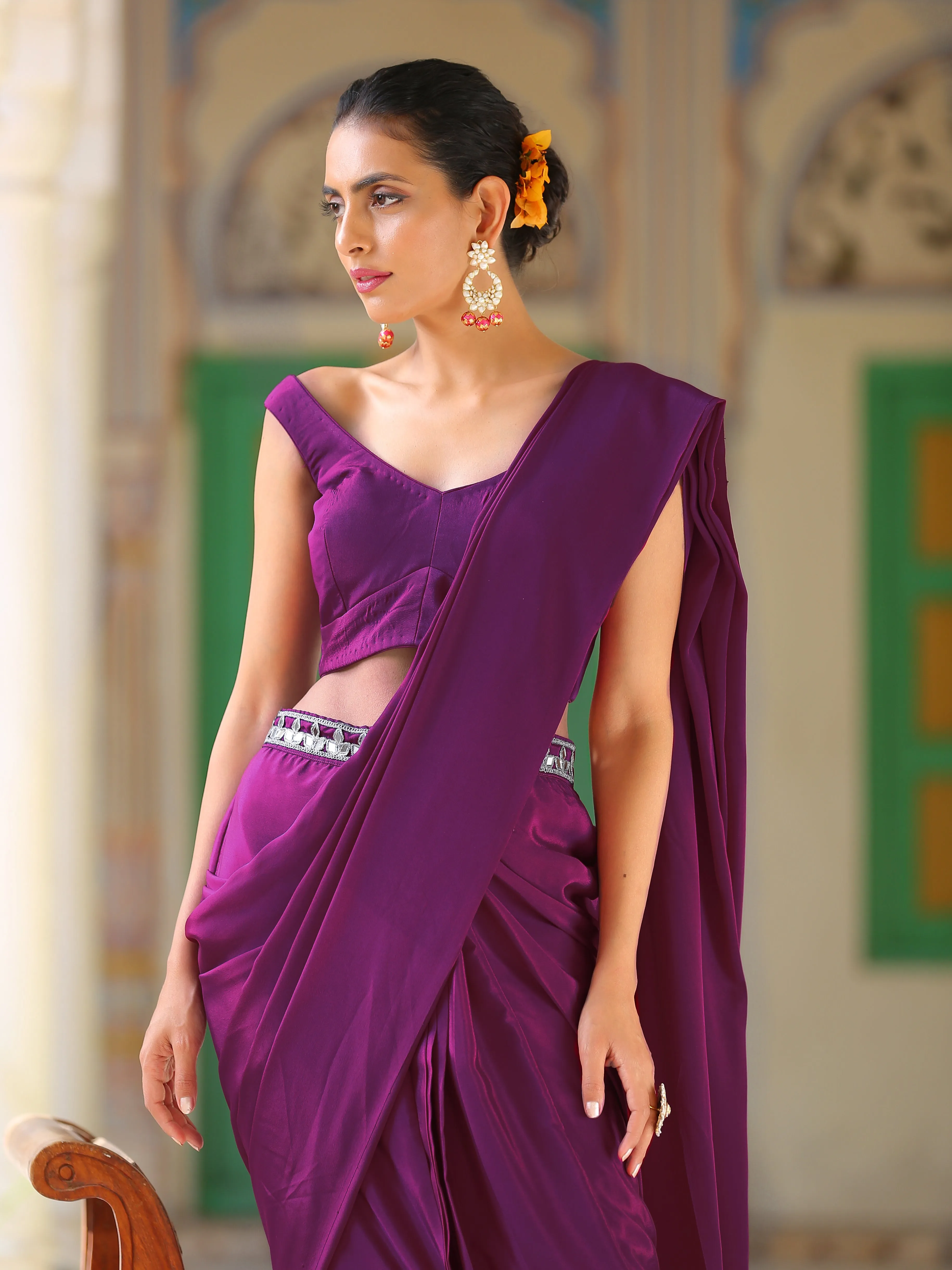 Wisteria Purple Pre-Draped Saree with Pocket